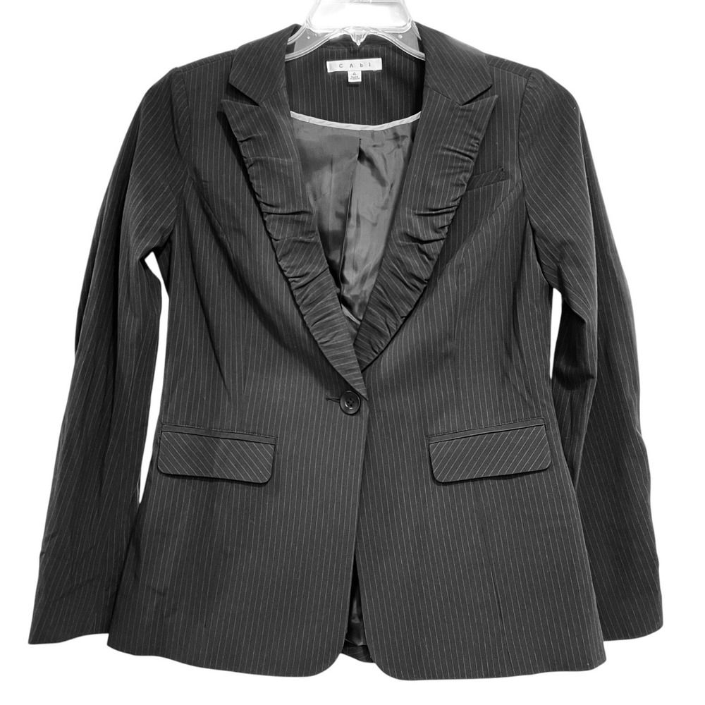CAbi‎ | Pinstripe Blazer Ruched Lapel Sleeves Black Size 4 Career Work Essential